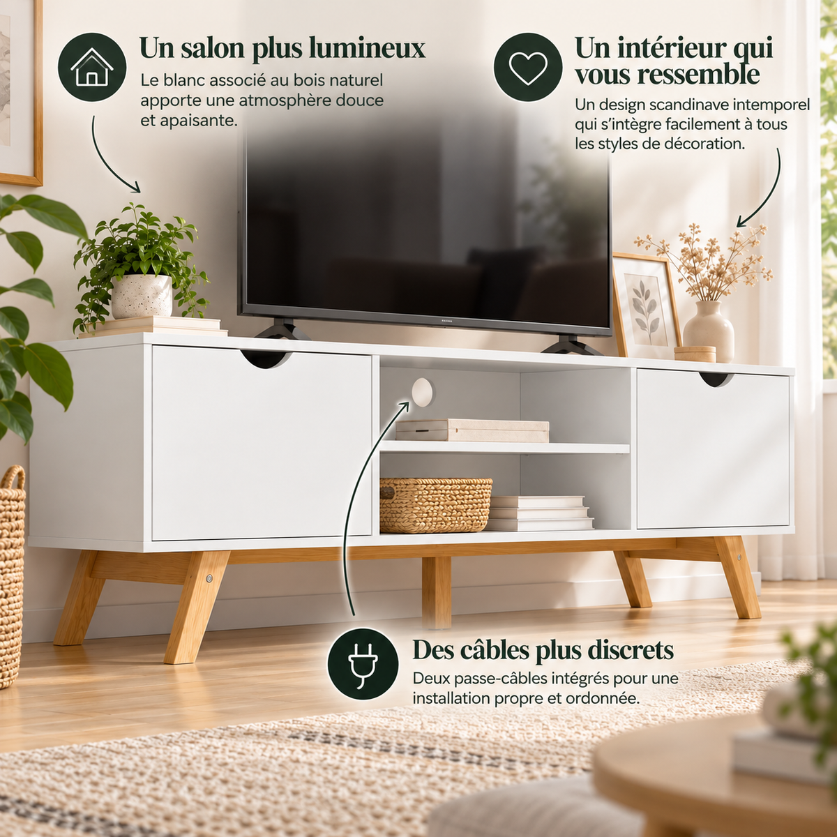 Détail du placard latéral ouvert du meuble TV Alven
