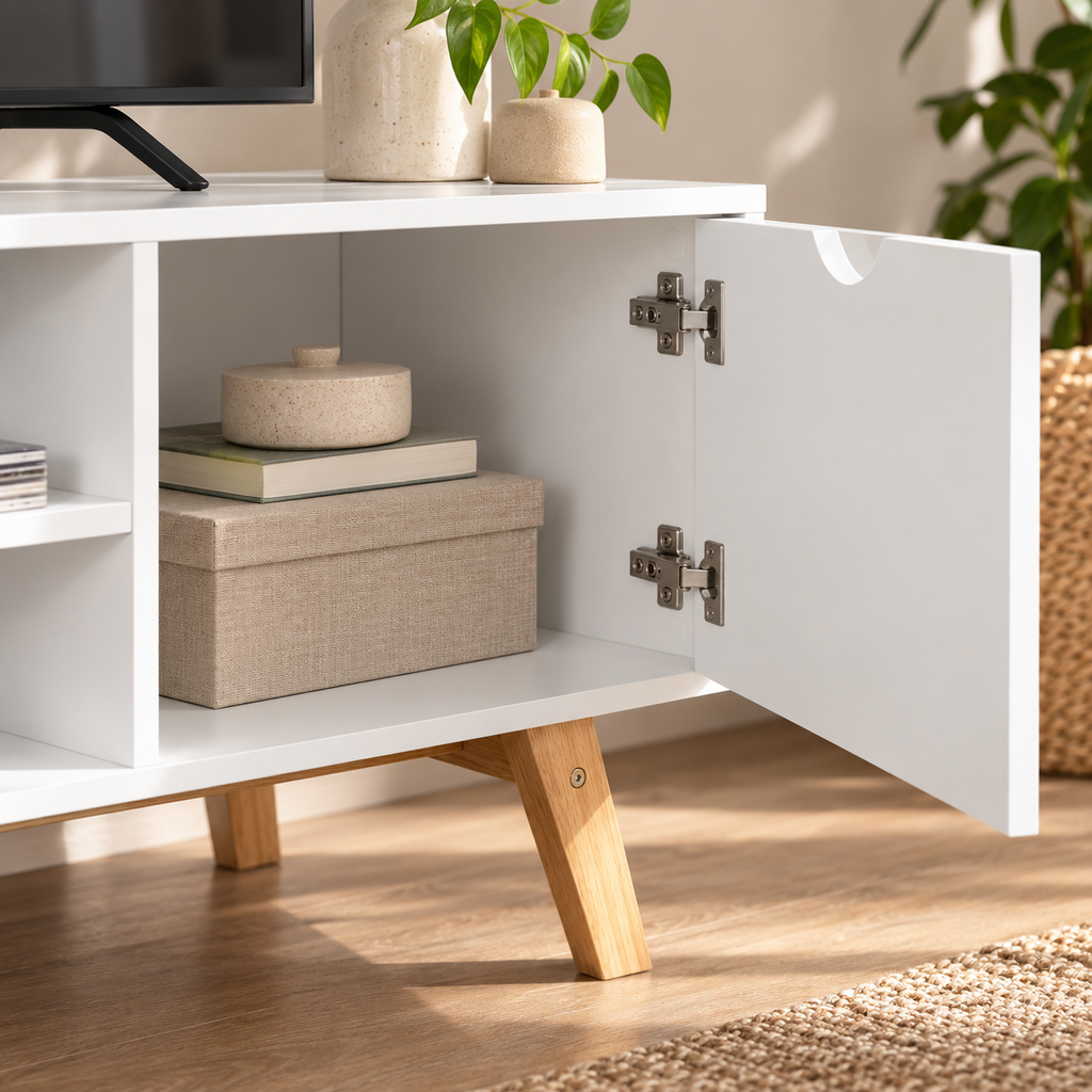 Meuble TV Alven avec placard ouvert et niches centrales organisées