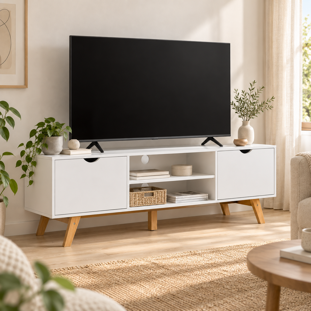 Meuble TV Alven blanc et bois dans un salon