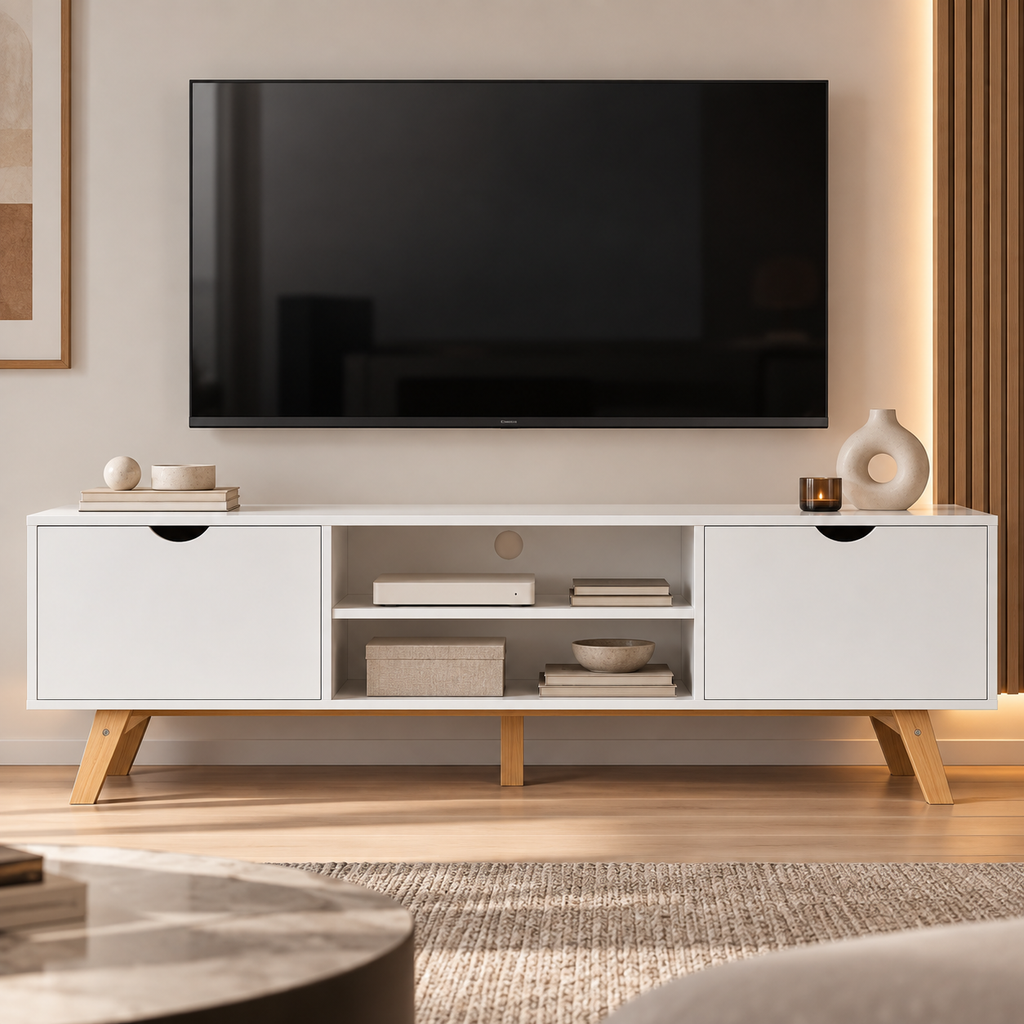 Meuble TV Alven blanc et bois dans un salon