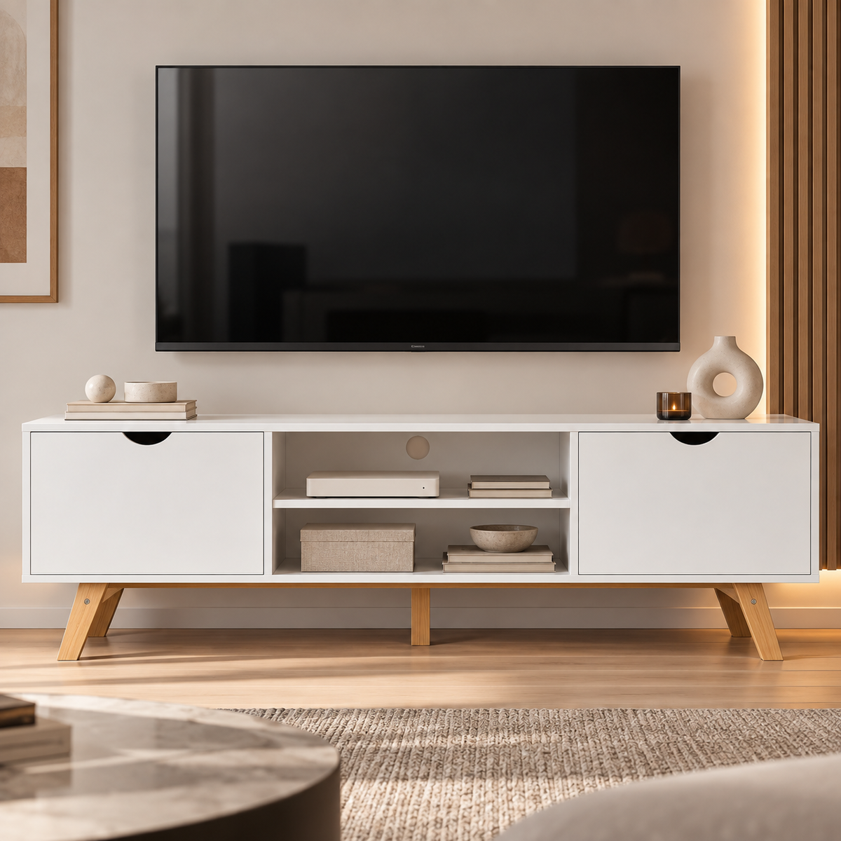 Meuble TV Alven blanc et bois dans un salon