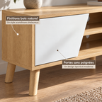 Détail de la porte blanche et de la finition bois du meuble TV Eira