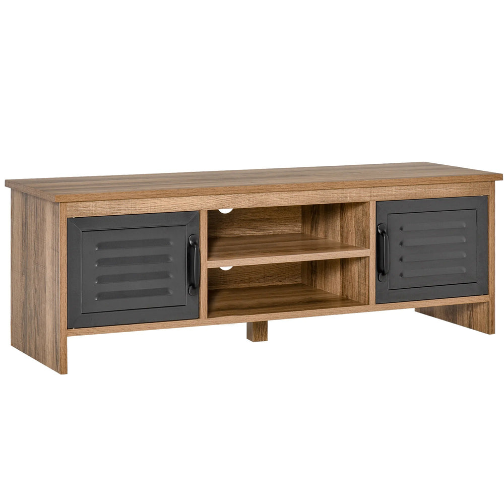 Meuble TV Elvar 109 cm effet bois brun et portes métal anthracite sur fond blanc