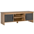 Meuble TV Elvar 109 cm effet bois brun et portes métal anthracite sur fond blanc