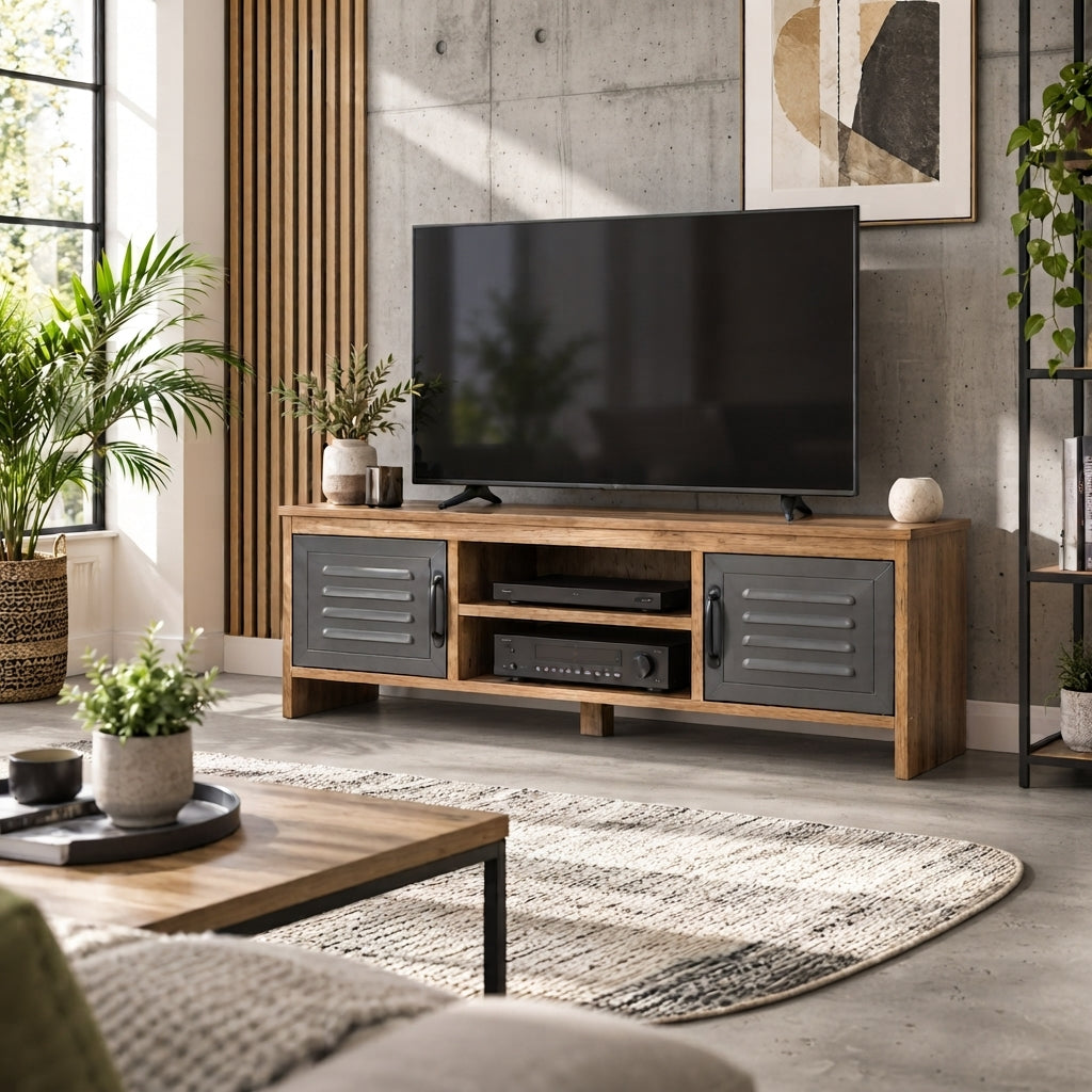 Coin télévision organisé avec le meuble TV Elvar effet bois et métal