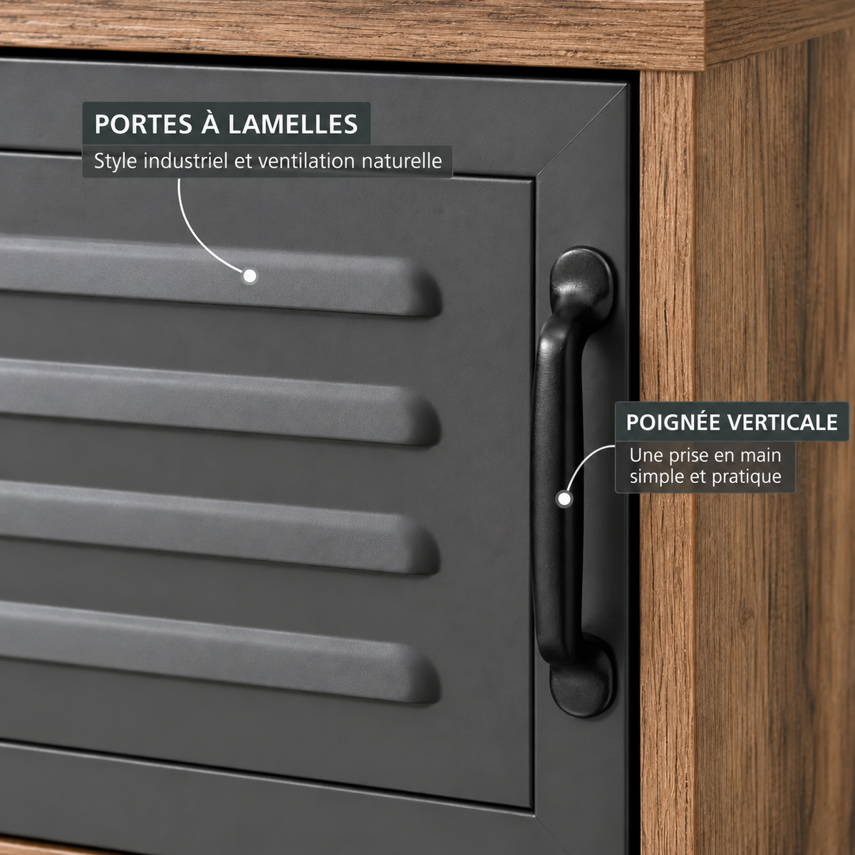 Détail de la porte métallique ventilée et de la poignée noire du meuble TV Elvar