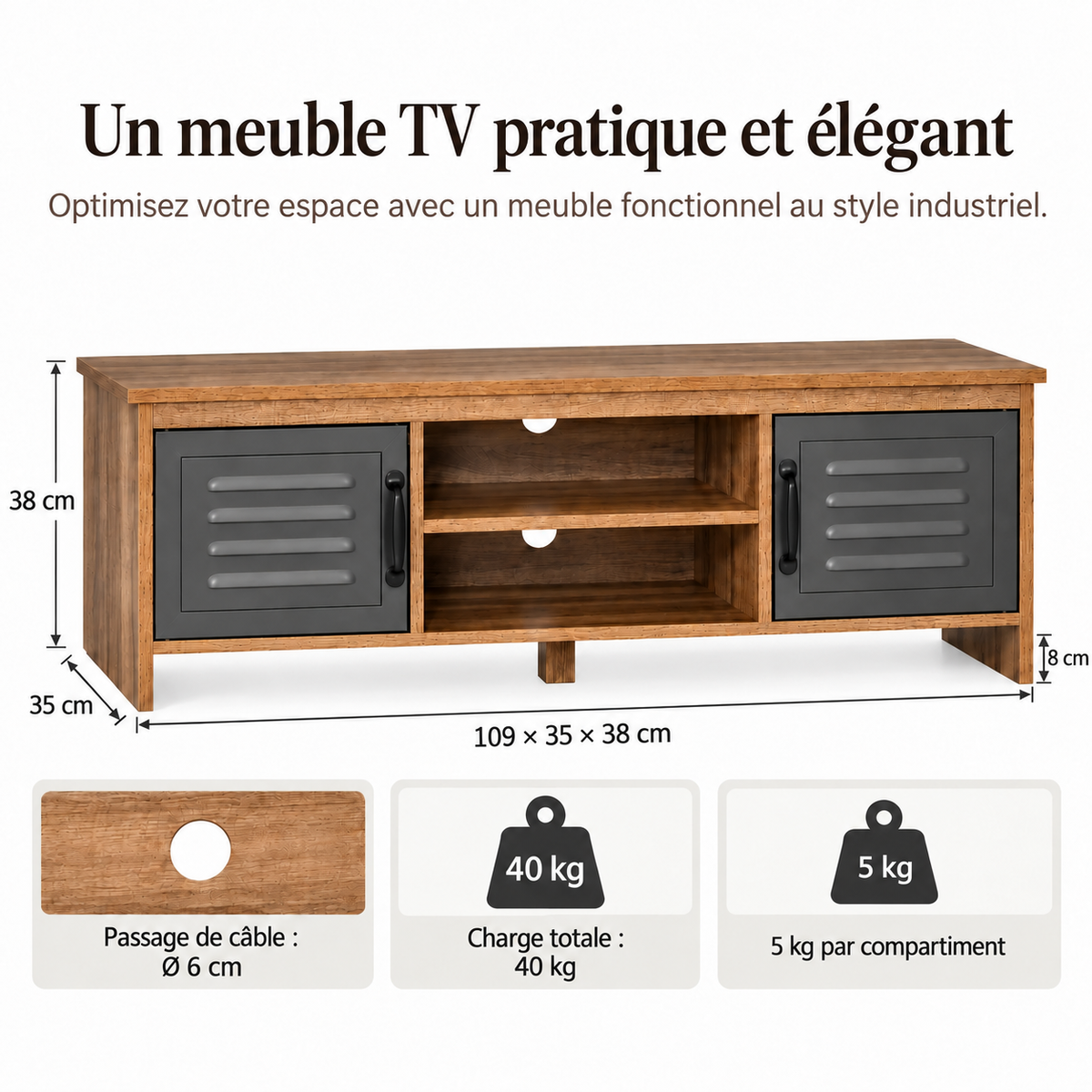 Dimensions et charges du meuble TV Elvar 109 x 35 x 38 cm