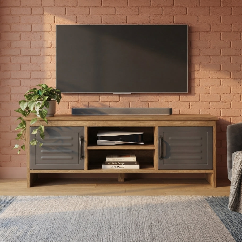 meuble TV Elvar effet bois et métal vue face salon
