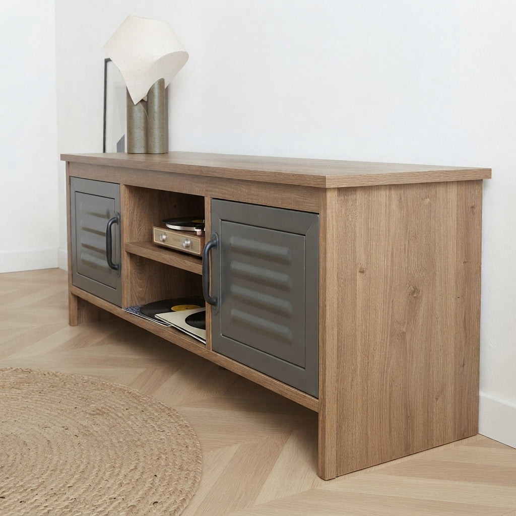meuble TV Elvar effet bois et métal vue profil salon