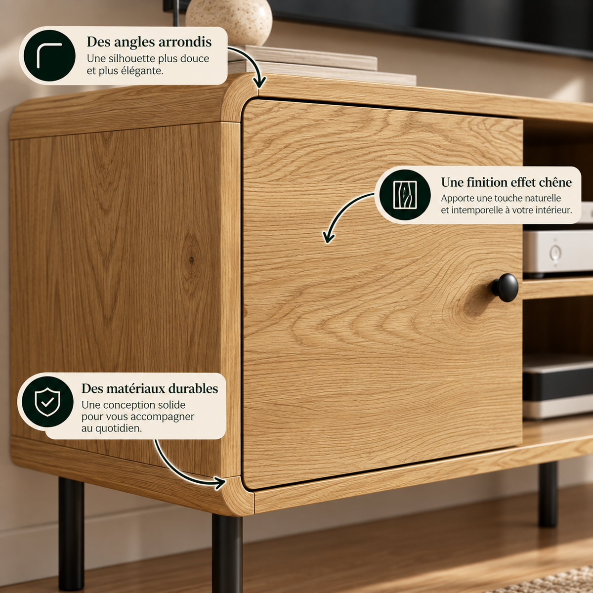 Détail des coins arrondis et finition chêne du meuble TV