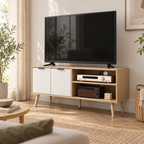 Meuble TV Halen blanc et bois dans un salon lumineux