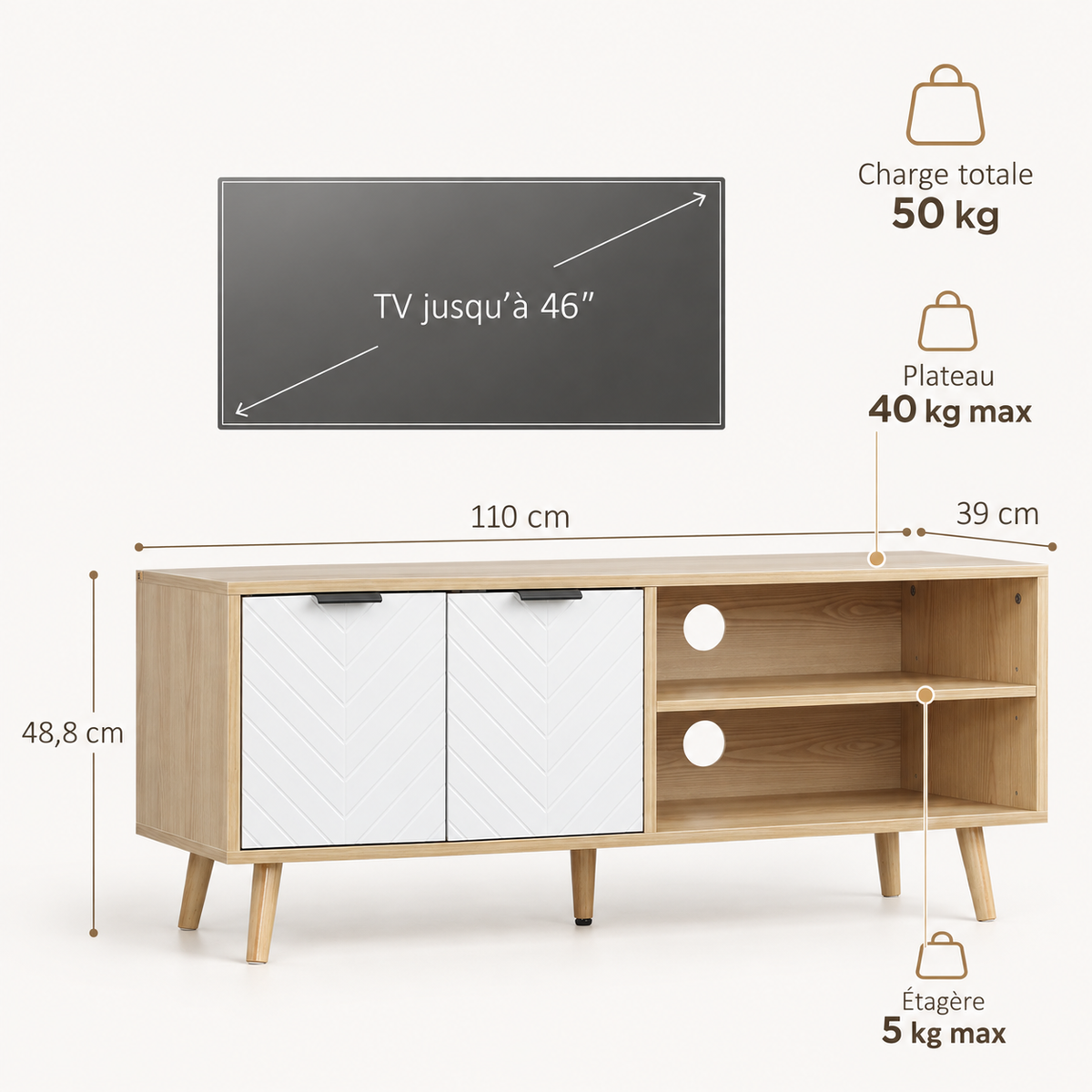 Dimensions et charges du meuble TV Halen 110 cm