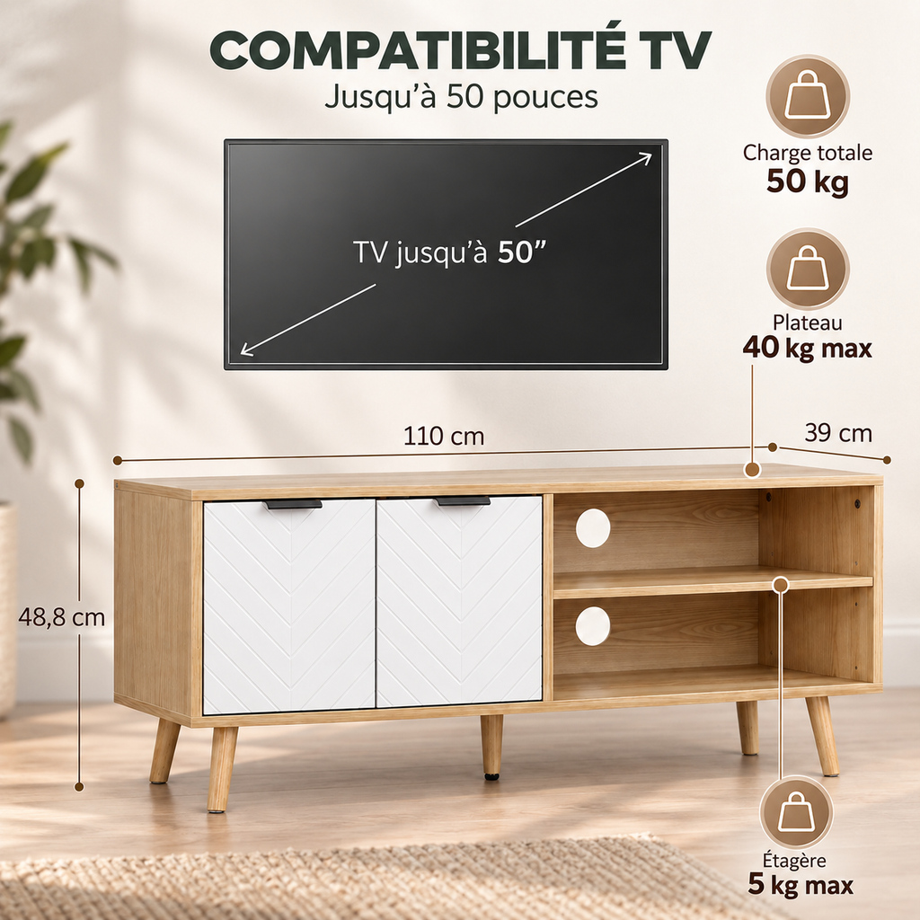 Dimensions et charges du meuble TV Halen 110 cm