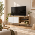Meuble TV Halen compact avec équipements et câbles organisés