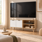 Meuble TV Halen compact avec équipements et câbles organisés