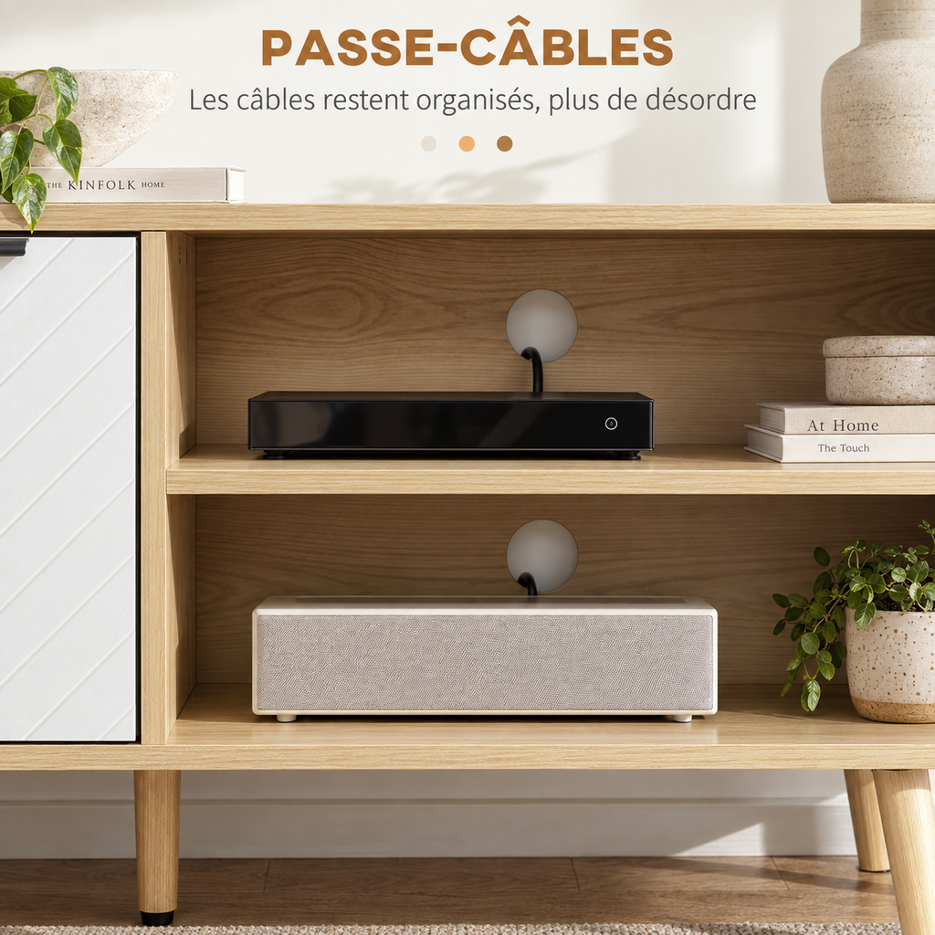 Niches ouvertes et passe-câbles du meuble TV Halen
