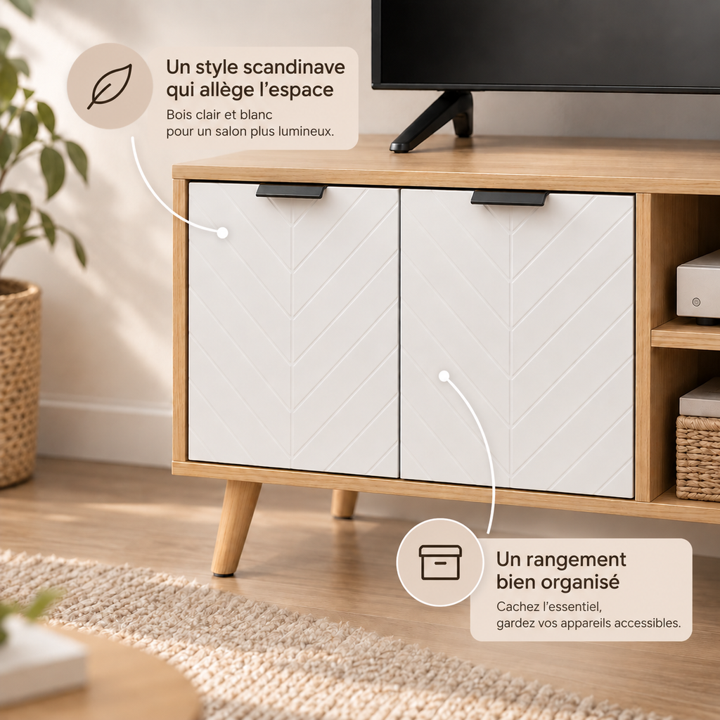 Détail des portes blanches à motif chevron du meuble TV Halen