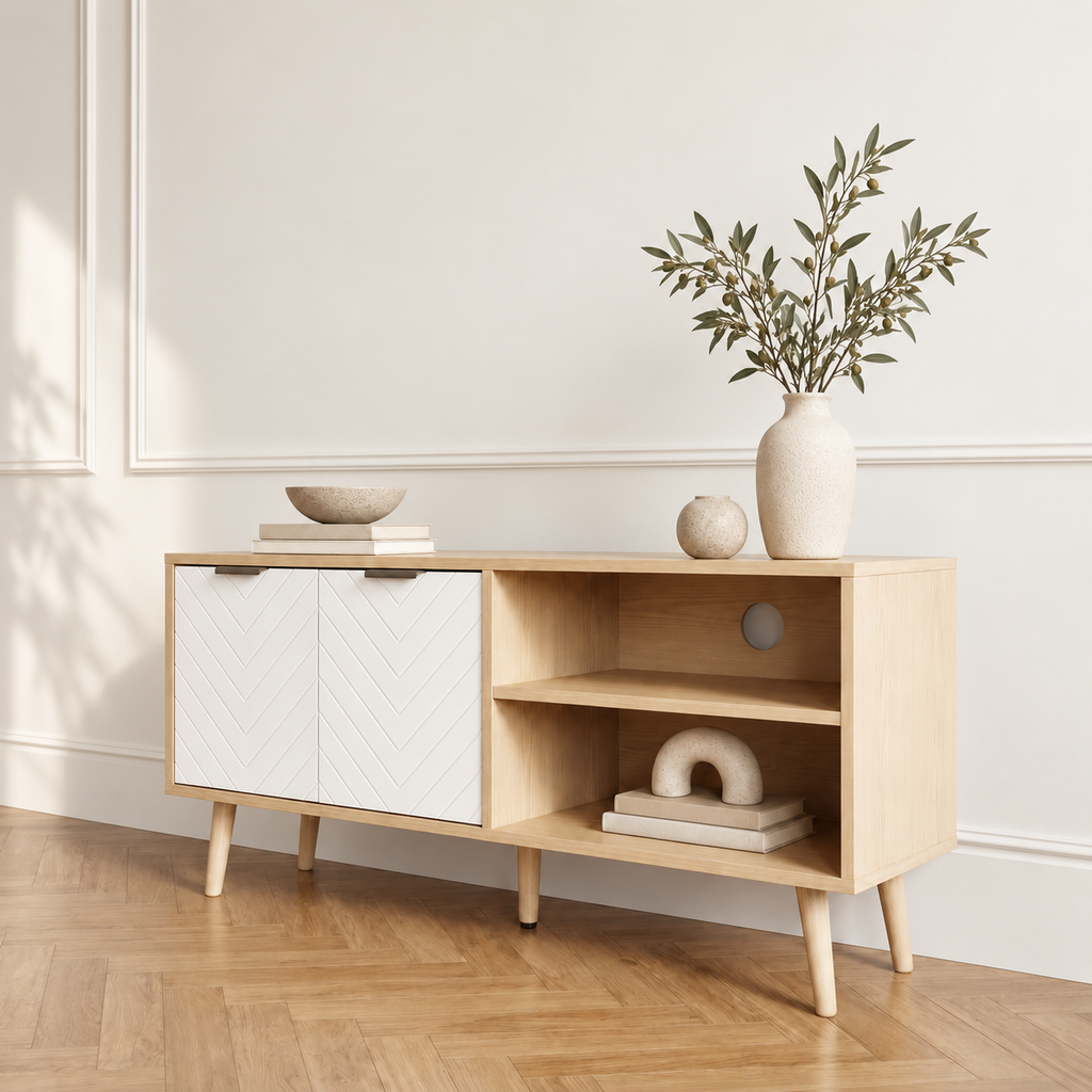 Rangements ouverts et fermés du meuble TV Halen