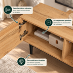 Détail du décor bois et du piètement noir du meuble TV Kael