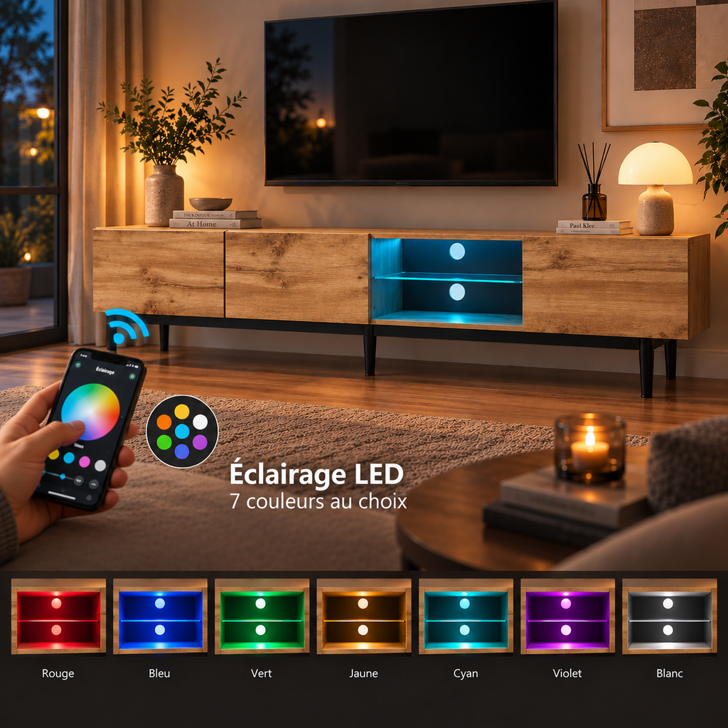 ambiance.pngMeuble TV Kael avec éclairage LED dans un salon chaleureux