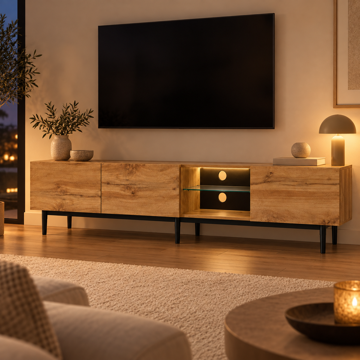 ambiance.pngMeuble TV Kael avec éclairage LED dans un salon chaleureux