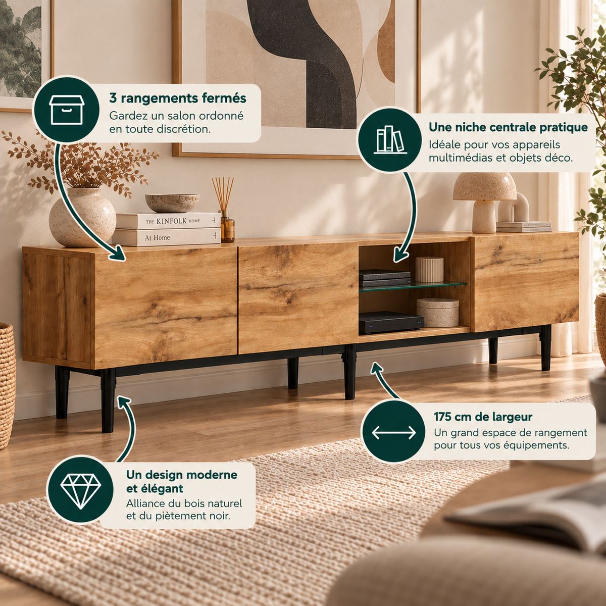 Rangements du meuble TV Kael organisés avec équipements accessibles