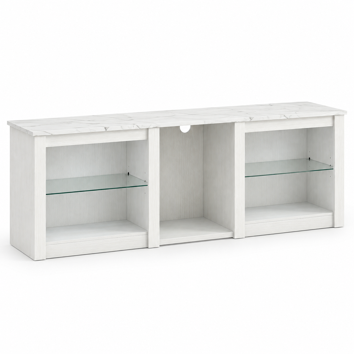 Meuble TV Lysen blanc 160 cm avec étagères en verre sur fond blanc