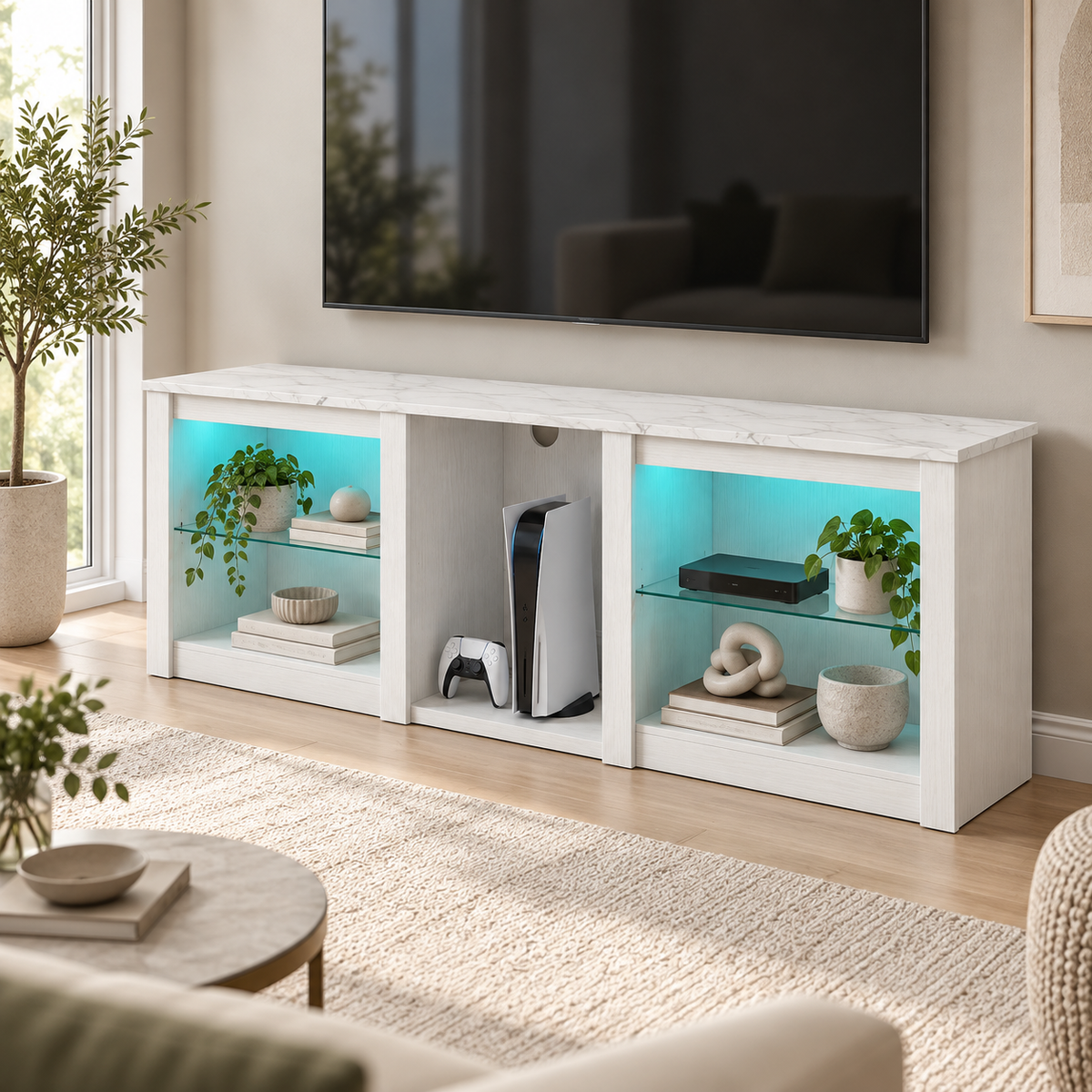 Meuble TV Lysen blanc avec LED dans un salon contemporain