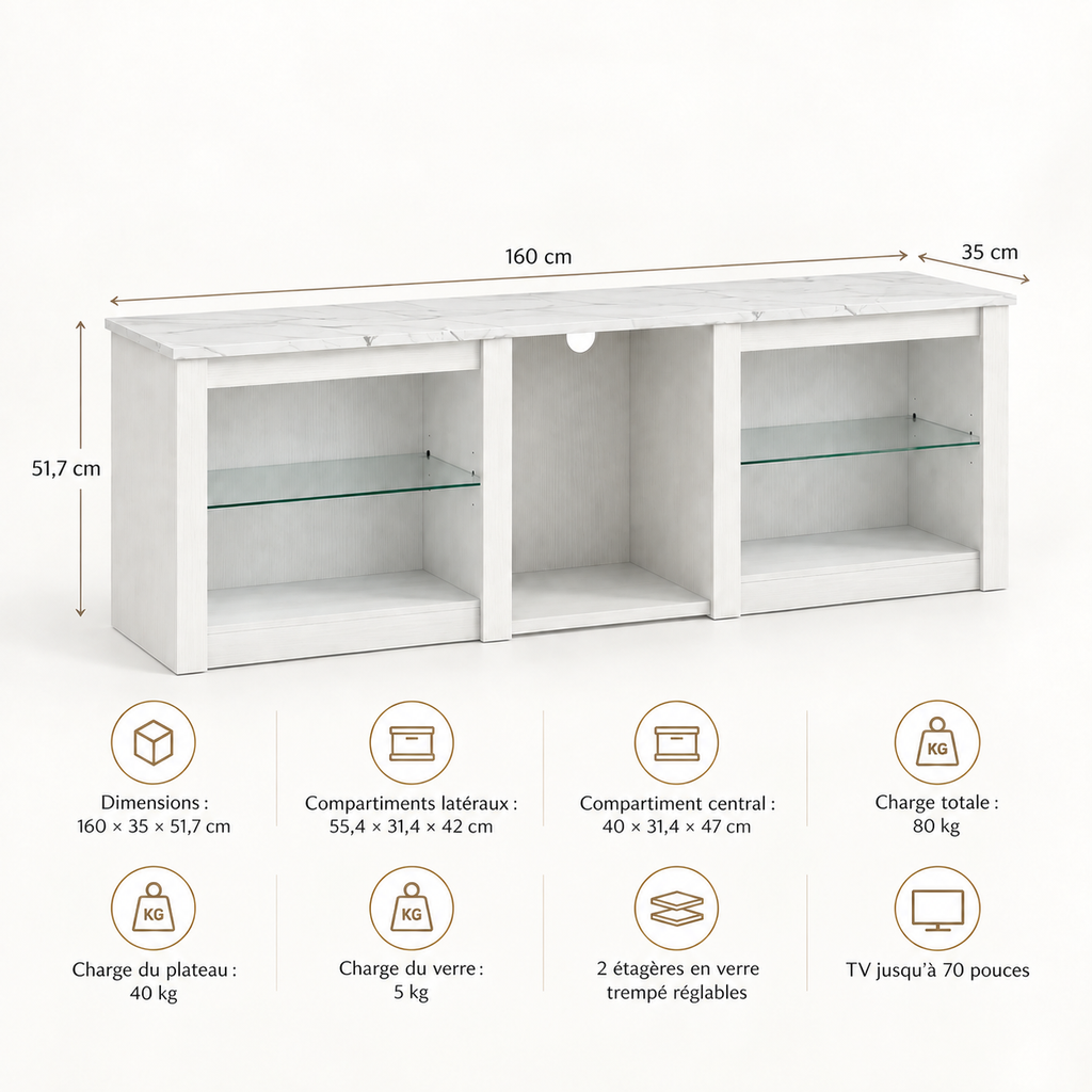 Dimensions et charges du meuble TV Lysen 160 cm