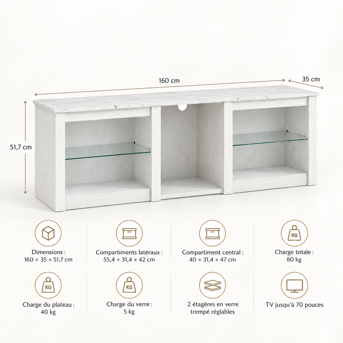 Dimensions et charges du meuble TV Lysen 160 cm