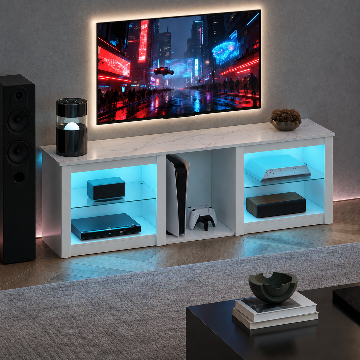 Détail de l’éclairage LED ambiance gaming et du plateau effet marbre du meuble