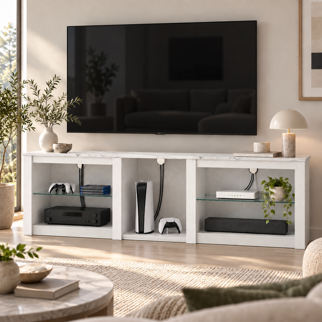 Détail de l’éclairage LED et du plateau effet marbre du meuble TV Lysen