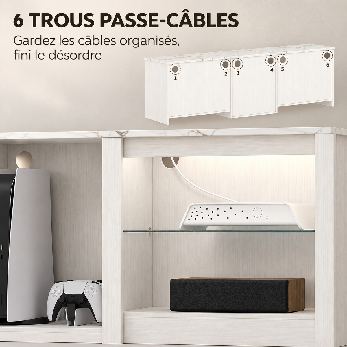 Passages de câbles du meuble TV Lysen avec équipements multimédias