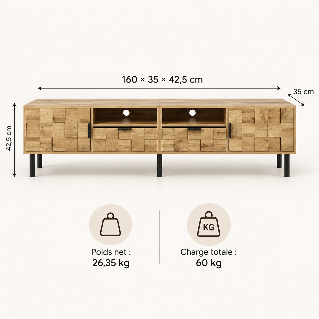 Infographie des dimensions du meuble TV Maren 160 cm