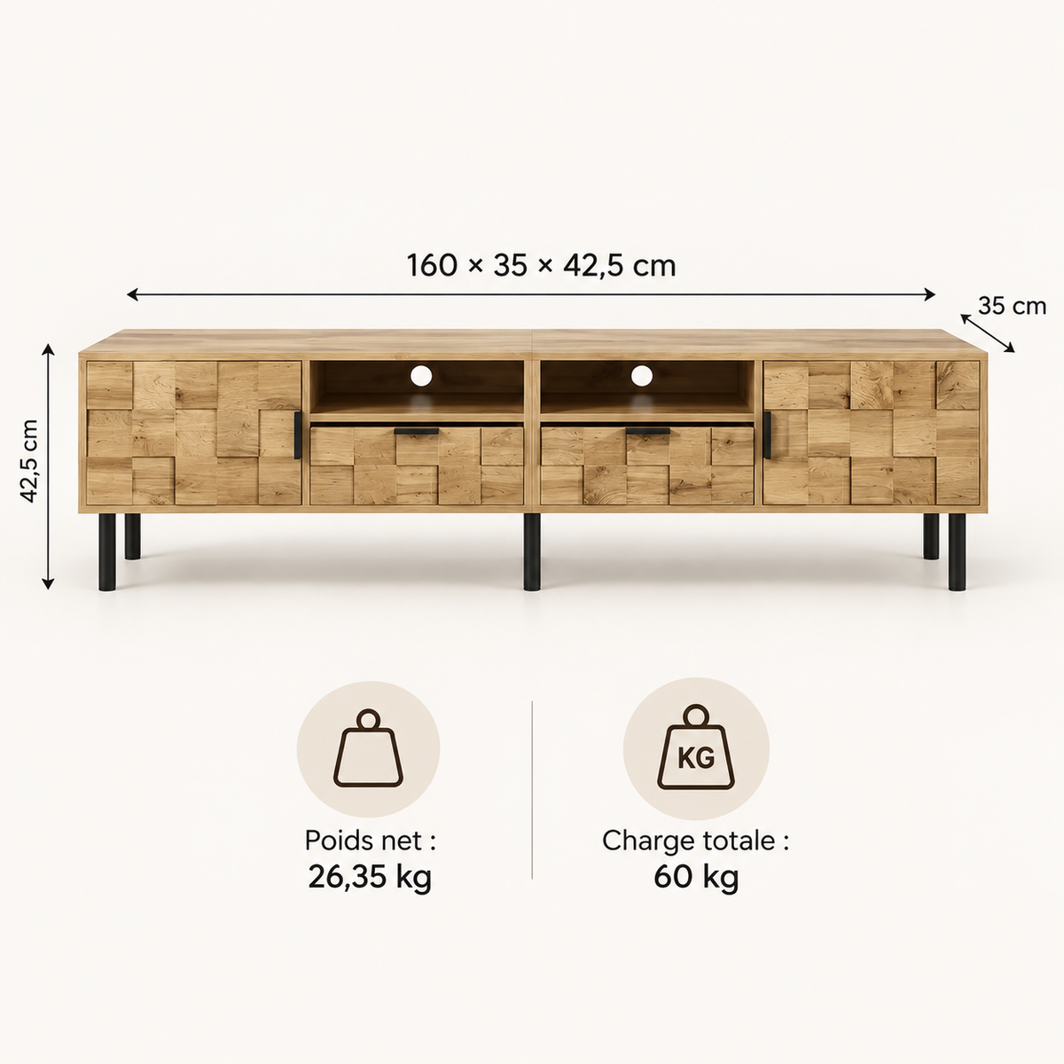 Infographie des dimensions du meuble TV Maren 160 cm