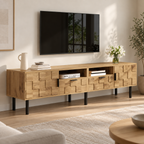 Meuble TV Maren 160 cm effet bois dans un salon contemporain lumineux