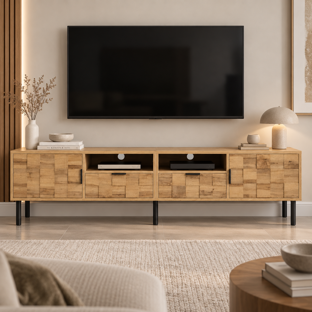 Meuble TV Maren 160 cm effet bois dans un salon contemporain 