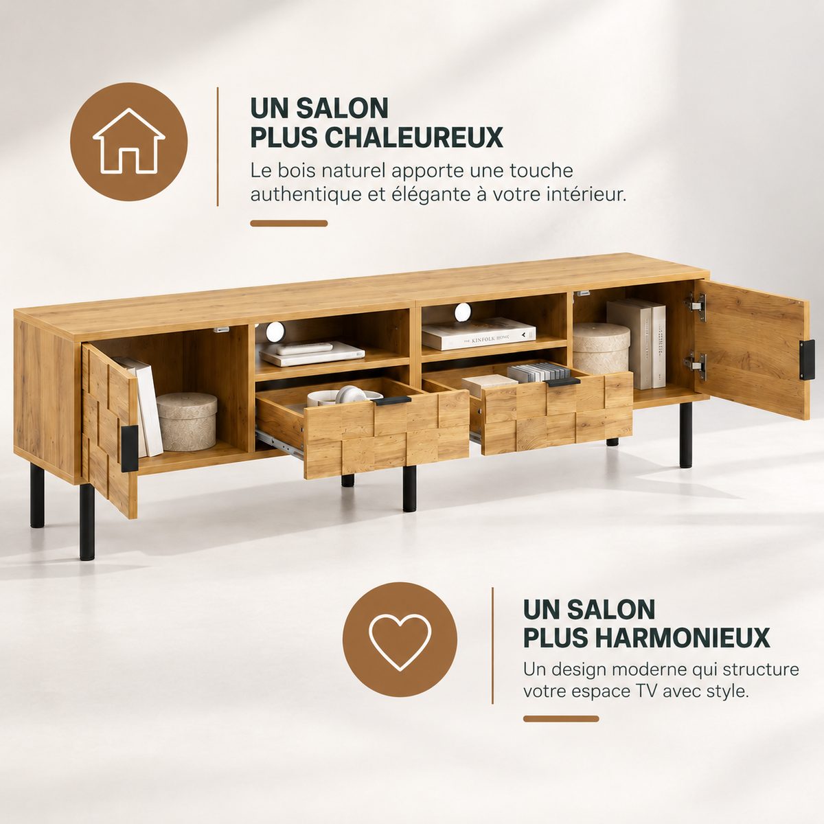 Meuble TV Maren dans un salon organisé avec rangements