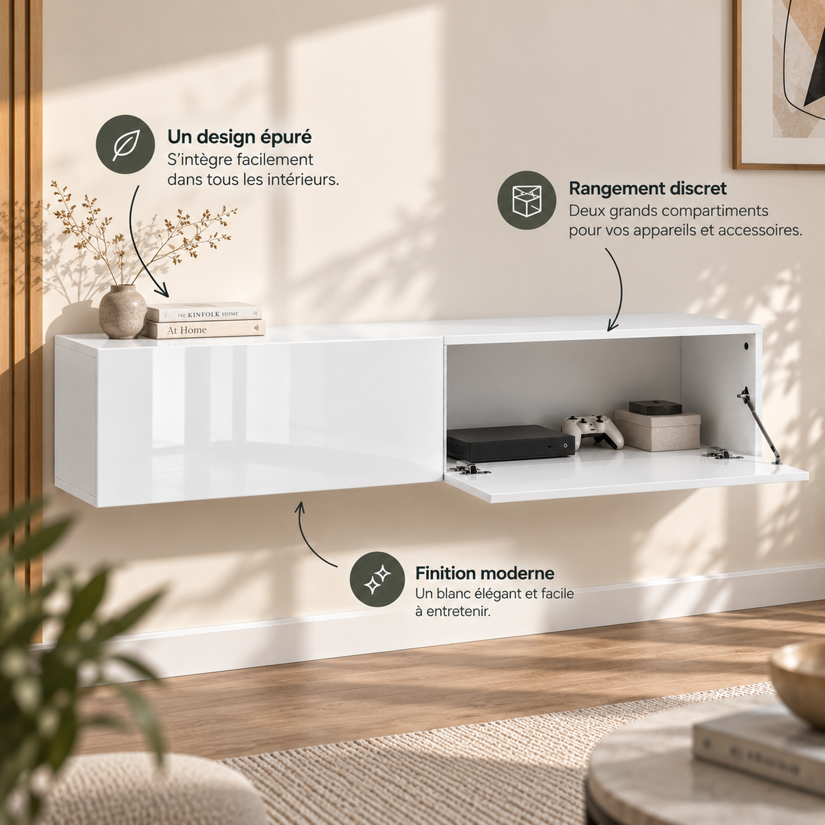 Meuble TV mural blanc Lysen avec un rangement à abattant ouvert