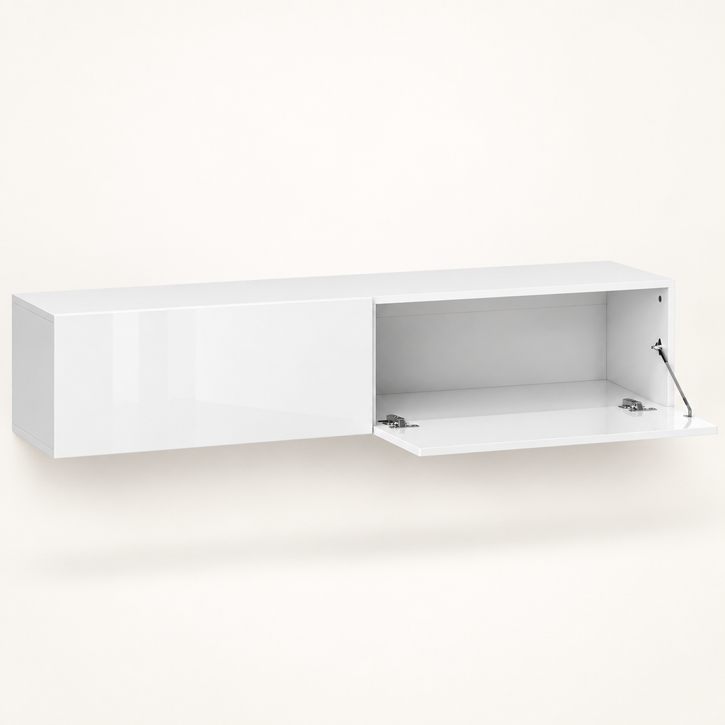 Meuble TV mural blanc Lysen avec un rangement à abattant ouvert