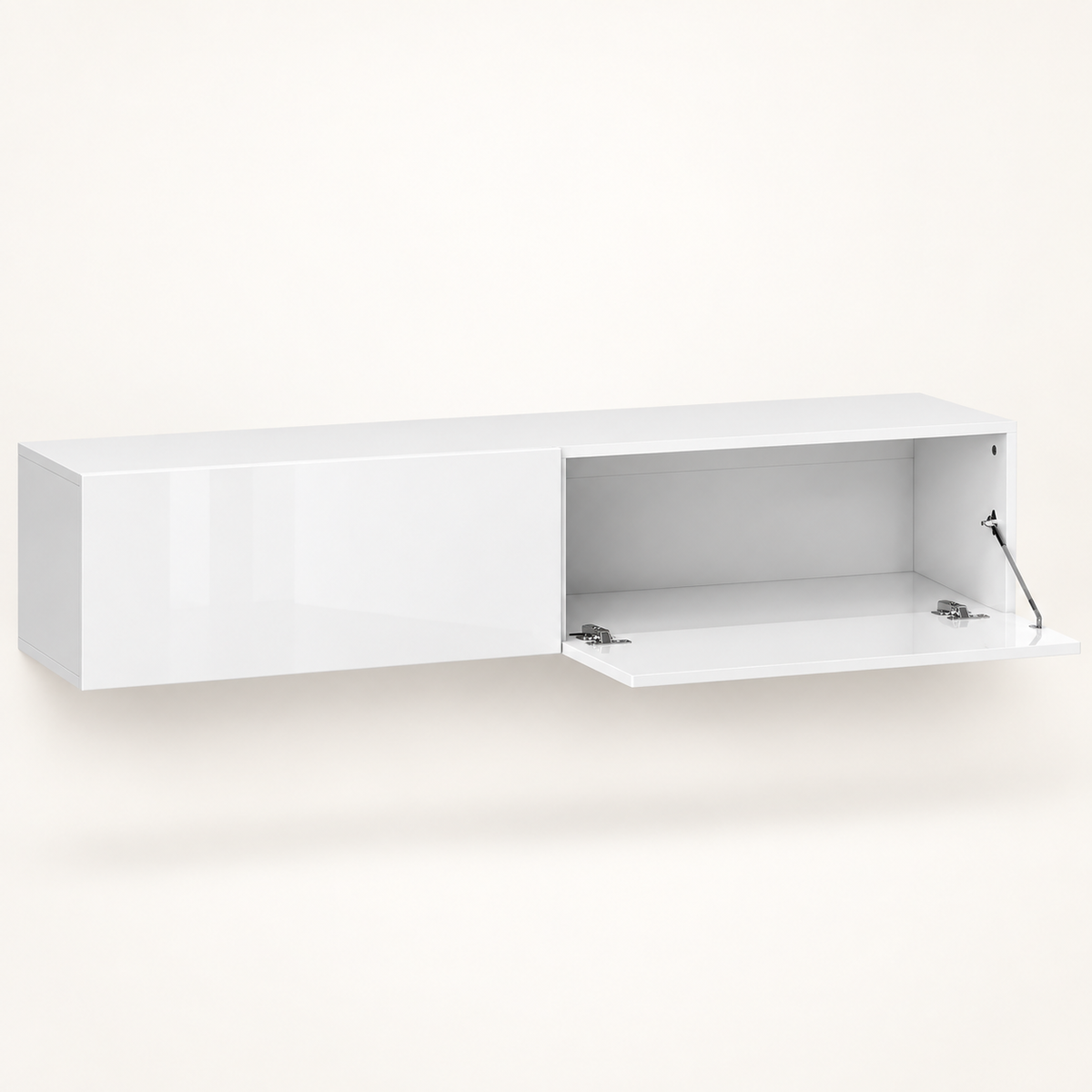 Meuble TV mural blanc Lysen avec un rangement à abattant ouvert