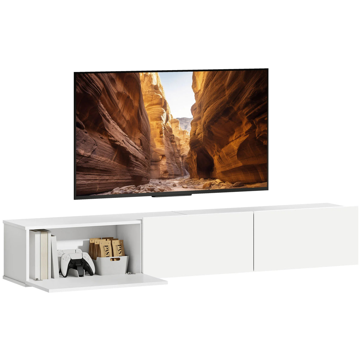 Meuble TV mural suspendu blanc de 180 cm avec trois rangements à abattant