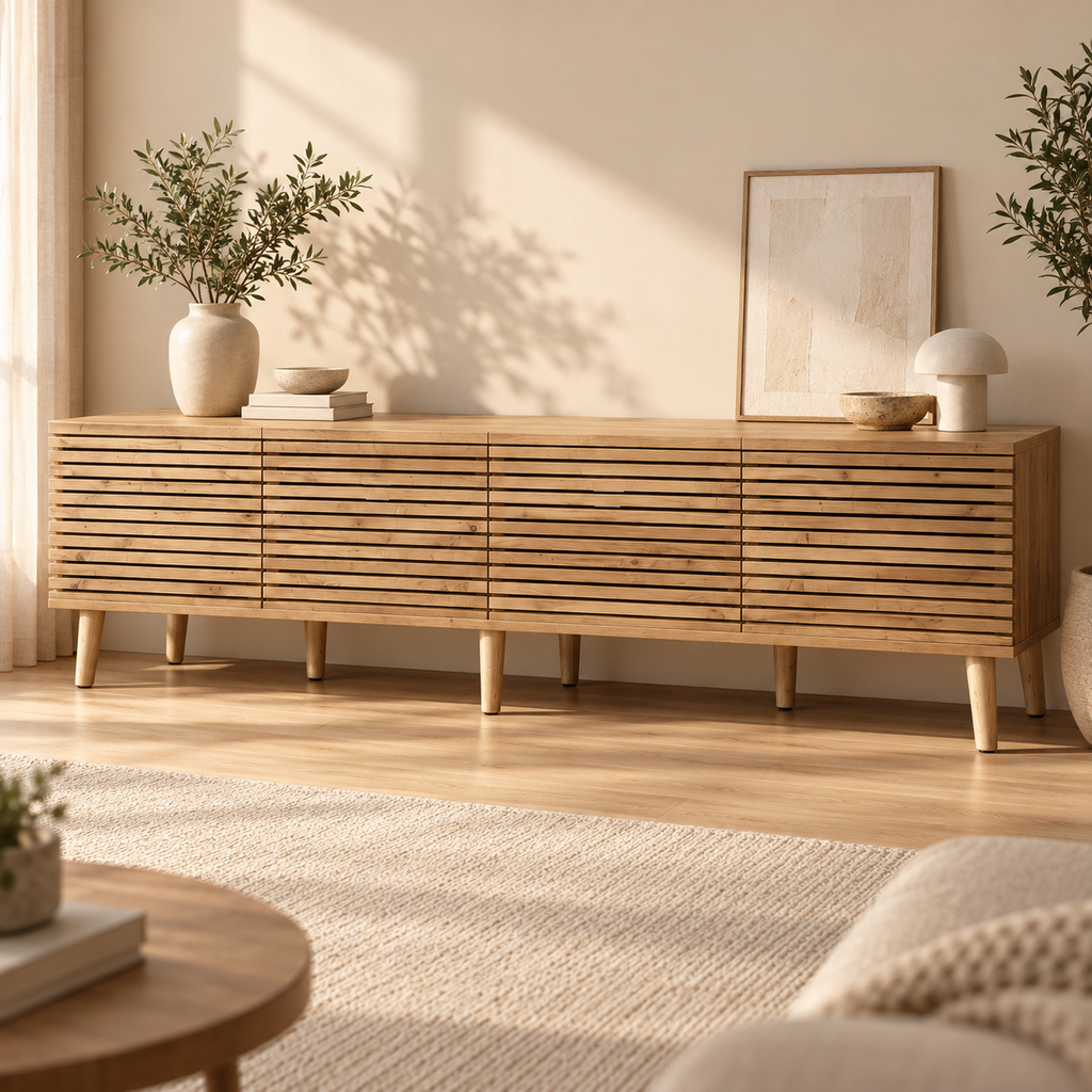 Meuble TV Norell 180 cm en bois dans un salon contemporain