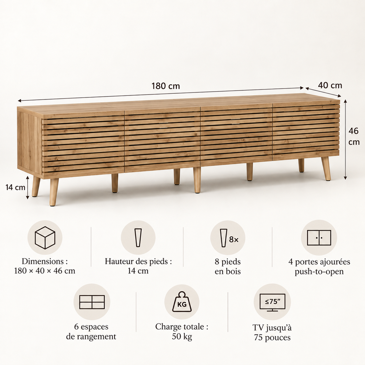 Dimensions et caractéristiques du meuble TV Norell 180 cm