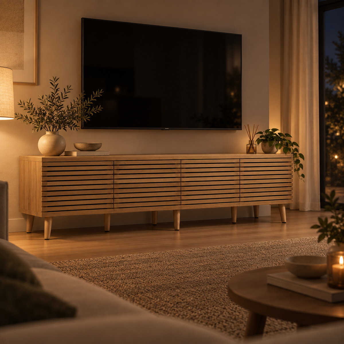 Meuble TV Norell 180 cm en bois dans un salon chaleureux