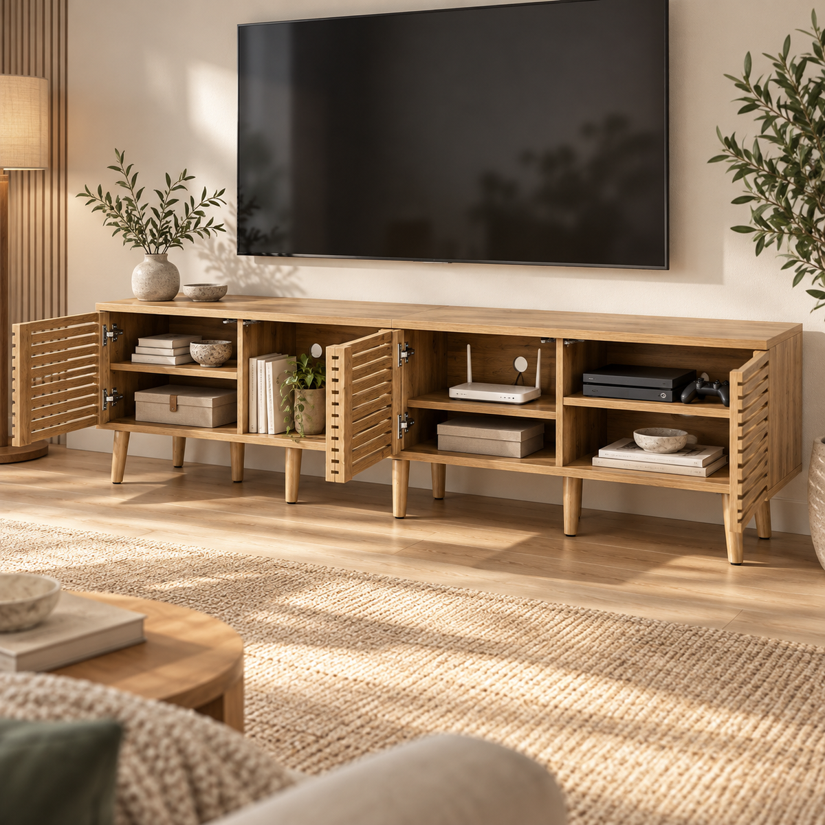 Meuble TV Norell avec quatre portes ouvertes et six espaces de rangement