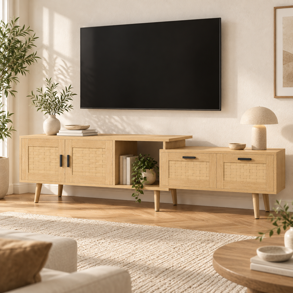 Meuble TV Noren en chêne clair dans un salon minimaliste chaleureux
