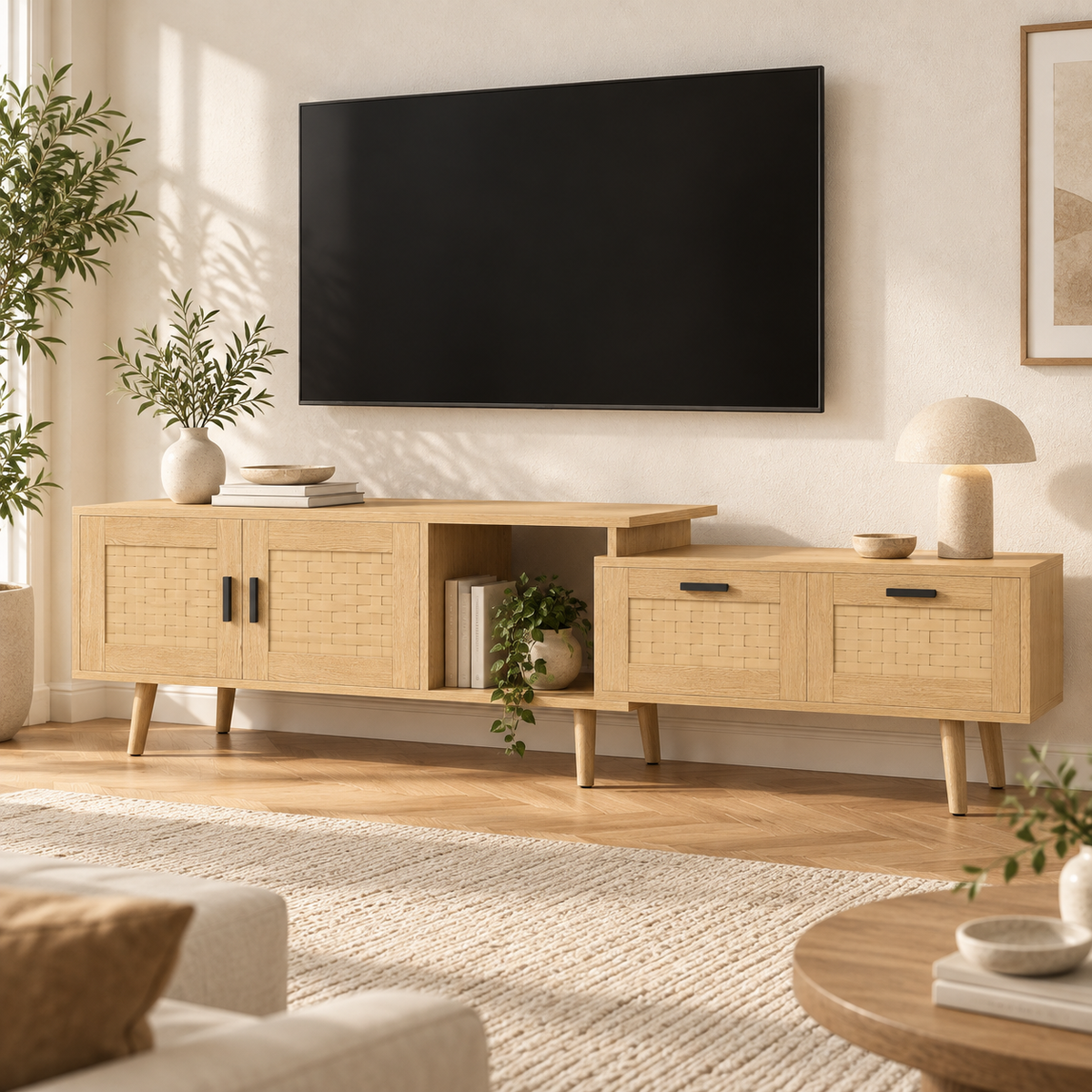Meuble TV Noren en chêne clair dans un salon minimaliste chaleureux