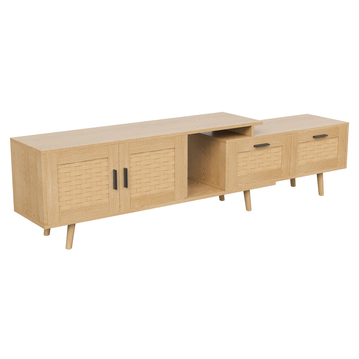 Meuble TV Noren extensible en chêne clair et cannage sur fond blanc