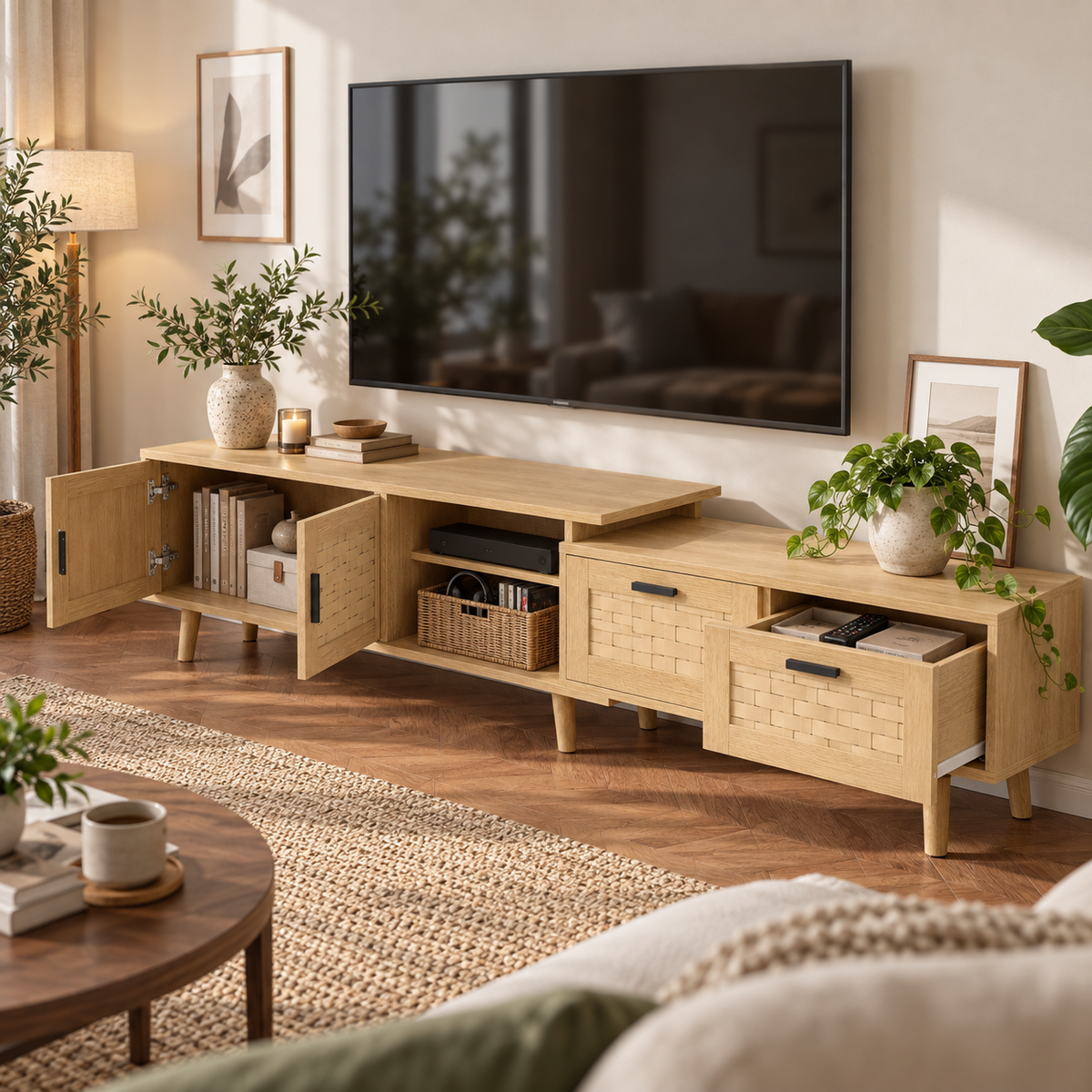 Rangements du meuble TV Noren avec portes tiroirs et niche ouverte